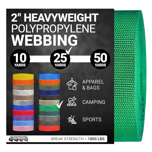 Strapworks Heavyweight Polypropylene Webbing - Heavy Duty Poly Strapping for Outdoor DIY Gear Repair, 2 Inch x 25 Yards - Kelly Green - color: Kelly Green, size: 2" x 25 yard