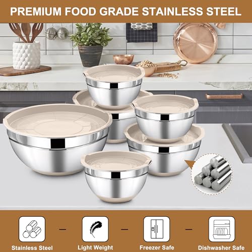 LIANYU 6 Piece Mixing Bowls Set with Airtight Lids, Metal Nesting Bowl - color: Khaki, style: Anchor Base with Airtight Lids