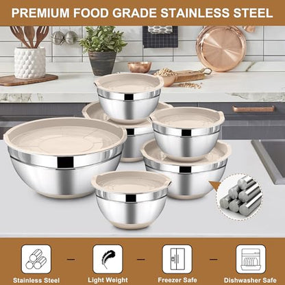 LIANYU 6 Piece Mixing Bowls Set with Airtight Lids, Metal Nesting Bowl - color: Khaki, style: Anchor Base with Airtight Lids