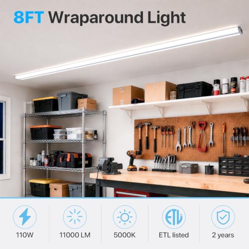 HYPERLITE 8FT LED Shop Light: 110W Ultra Slim Wraparound Light 5000K, 8 Foot LED Strip Light Fixture 120V, 11000LM, 80 CRI, ETL Listed Commercial Bay Light for Garage Office Warehouse, 4Pack - size: 8FT | 4PACK