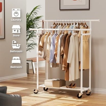 HYSEYY Clothes Rack, Double Rods Rolling Clothing Rack for Hanging Clothes, Portable Garment Rack with Wheels, Coat Rack Wardrobe Closet Load 240 LBS for Bedroom Laundry Room (White, L) - color: White