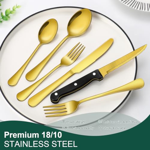 24-Piece Gold Silverware Set with Steak Knives Stainless Steel Flatware Set for 4 Food Grade Tableware Cutlery Set Rust-proof, Mirror Polished, Dishwasher Safe - size: 24Pcs-C
