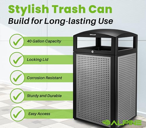 Alpine 40-Gallon Outdoor Commercial Trash Can with Locking Lid – Heavy-Duty Weather-Resistant Metal Garbage Bin with Removable Liner for Parks, Restaurants & Public Spaces
