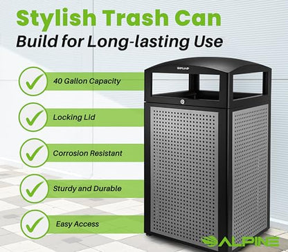 Alpine 40-Gallon Outdoor Commercial Trash Can with Locking Lid – Heavy-Duty Weather-Resistant Metal Garbage Bin with Removable Liner for Parks, Restaurants & Public Spaces