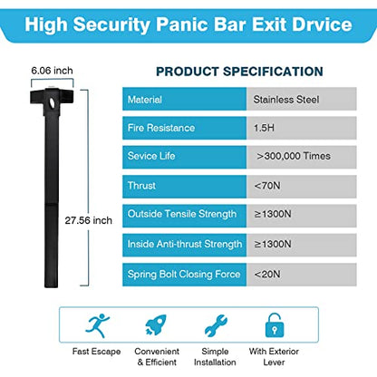 IRONWALLS 27.5" Black Commercial Panic Bar Exit Device with Exterior Lever - color: Black, size: 27.5 Inch