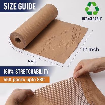 Honeycomb Packing Paper For Moving 12" x 55ft With Rope & Fragile Stickers - size: 12" x 55ft