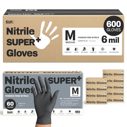 SUPER+ Black Nitrile Gloves HEAVY DUTY 6 Mil Disposable Chemical Resistant Powder & Latex Free Medical Food Safe, 60/600 Ct - color: Medium (Black 600)