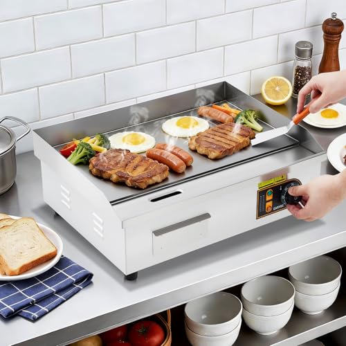 22” Commercial Electric Griddle, 120V 1750W Countertop Griddle, 120-570°F Adjustable Temp, Stainless Steel Electric Flat Top Grill with Removable Drip Tray for Restaurant/Kitchen/Home - size: 22inch