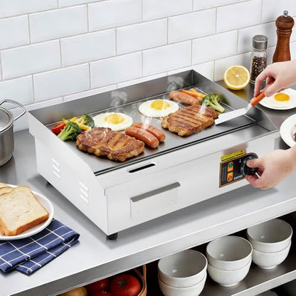 22” Commercial Electric Griddle, 120V 1750W Countertop Griddle, 120-570°F Adjustable Temp, Stainless Steel Electric Flat Top Grill with Removable Drip Tray for Restaurant/Kitchen/Home - size: 22inch