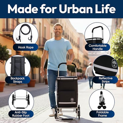 Foldable Stair Climbing Shopping Cart with Wheels – 3-in-1 Grocery Trolley, Backpack & Hand Truck – Lightweight Aluminum Frame, Waterproof Insulated Bag, Side Pockets – Cart for Groceries & Laundry