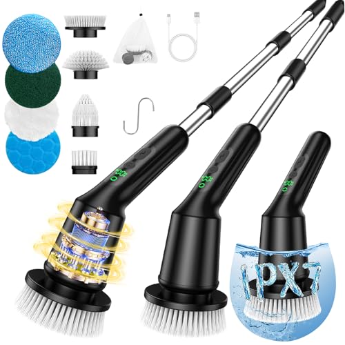 Shower Scrubber with Long Handle, Electric Shower Bathroom Cleaner Brushes - size: 8 Brush Heads