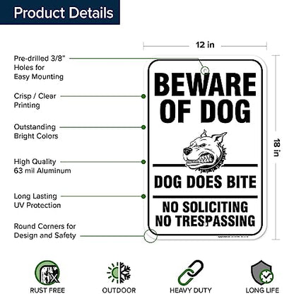 Beware of Dog, Dog Does Bite No Soliciting No Trespassing Sign, 12x18 - size: 12x18 - Aluminum