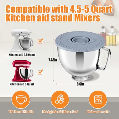 5 Quart Stainless Steel Mixer Bowl Set Compatible with KitchenAid 4.5-5 Quart Tilt-Head Stand Mixers,5 Quart mixing bowl replacement with Lid (Bowl＋White Cover） - color: White