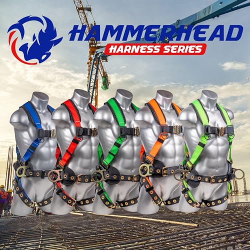 Palmer Safety Hammerhead 5pt Safety Harness Back Padded, QCB Chest, Tongue Buckel Legs Straps, Back & Side D-Rings - color: Blue, size: Medium