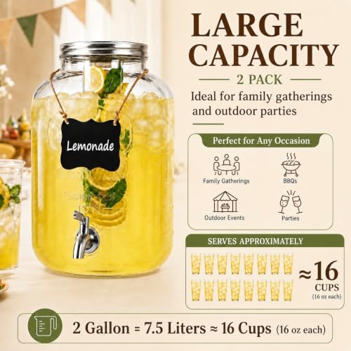 KIKCOIN 2 Gallon Glass Drink Dispensers for Parties with Stand 2 PCS - size: 2 Gallon -2 Pack