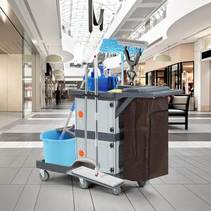 Commercial Janitorial Cart with 2 Cabinet, 3-Shelf Housekeeping Cleaning Cart on Wheels, Heavy Duty Plastic Utility Cart with 30 Gallon Trash Bag and Lid, 200 Lbs Load Capacity for Hotel Office School