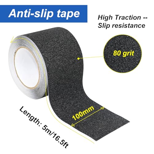 BOMEI PACK Black 4 Inch Wide Anti Slip Traction Tape, 4 Inch x 16.5 Feet - Best Grip, Friction, Abrasive Adhesive for Stairs, Tread Step, Indoor, Outdoor - color: Black