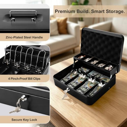 Cash Box with Money Tray and Key Lock,Safe Box for Cash Saving Key Lock Money Organizer,Cash Drawer, 11.8" x 9.5" x 3.5", K-Black - color: K-Black