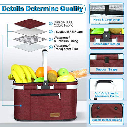 LIQING 35L Large Picnic Basket 2 Layers of Internal Pockets Leak-Proof and Insulated ，Folding with Internal Support for enhansed Stability, Wedding Gifts for Couple(Wine red) - color: Wine Red