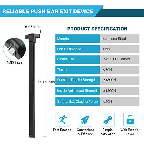 IRONWALLS 41" Panic Exit Device with Exterior Lever, Commercial Push Bar - color: Black
