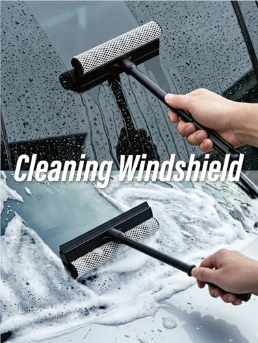 2 in 1 Window Squeegee for Car,Window Cleaner with Long Handle,Sponge Car Squeegee for Gas Station, Glass,Shower,Outdoor High Window Cleaning