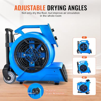 VEVOR Air Mover, 1 HP 4000 CFM Carpet Dryer for Cooling and Ventilating, Portable Floor Blower Fan with 3 Blowing Angles and Time Function, for Janitorial, Home, Commercial Use - size: 4000 CFM (1 HP)