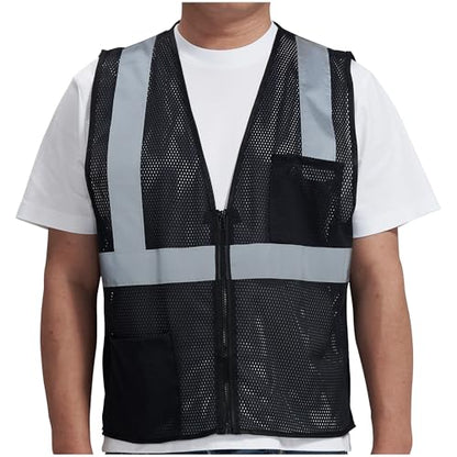 AYKRM 2 Pocket Mesh High Visibility Reflective Safety Vest for men & Women ANSI/ISEA 107 Standards - color: Black, size: Medium