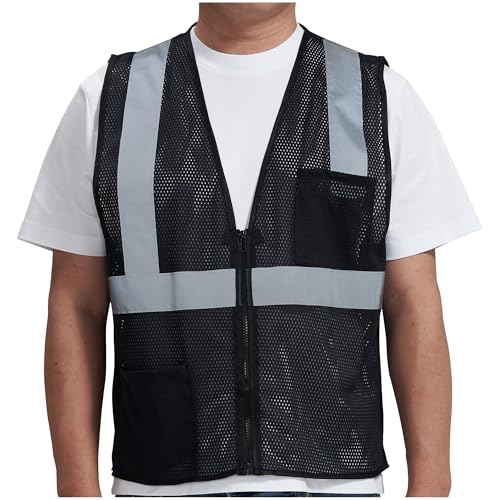 AYKRM 2 Pocket Mesh High Visibility Reflective Safety Vest for men & Women ANSI/ISEA 107 Standards - color: Black, size: X-Small