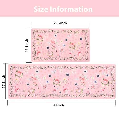 Pink Kitchen Mats for Floor Floral Cushioned Anti Fatigue Mats for Kitchen Floor for Sink, Stove, Desk, Laundry,17"x30"+17"x47", Baby Pink - color: Baby Pink, size: 17"x30"+17"x47"