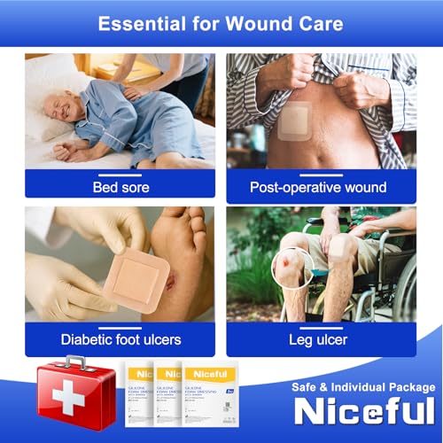 Niceful Silicone Foam Dressing 4"x4" 10 PCS Waterproof Bandages for Wound - size: 4"x4"(10 PCS)