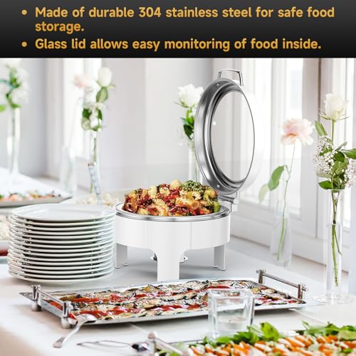 Chafing Dishes for Buffet, 6QT Round Stainless Steel Chafing Dish with Transparent Hydraulic Lid, 304 Food Pan, Buffet Warmer for Parties and Events (White) - color: White