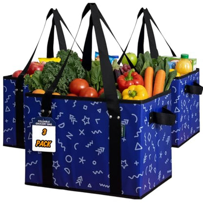 Reusable Grocery Bags (3 Pack) - Heavy Duty Foldable Tote Bags with Long Handles & Hard Bottom - Large Reusable Shopping Bags, Box-Shaped Grocery Totes Hold Up to 65 lbs, Stand Up & Fold Flat - color: Navy Blue