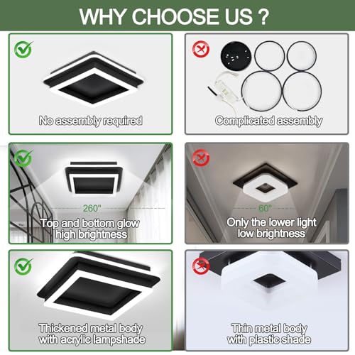 CANEOE Black Modern LED Ceiling Light, Square Flush Mount Ceiling Hallway Light Fxitures, 6000K Cold White Small Close to Ceilings Lamp for Bedroom Hallway Kitchen Balcony Cloakroom - color: All Black, size: 1 Pack