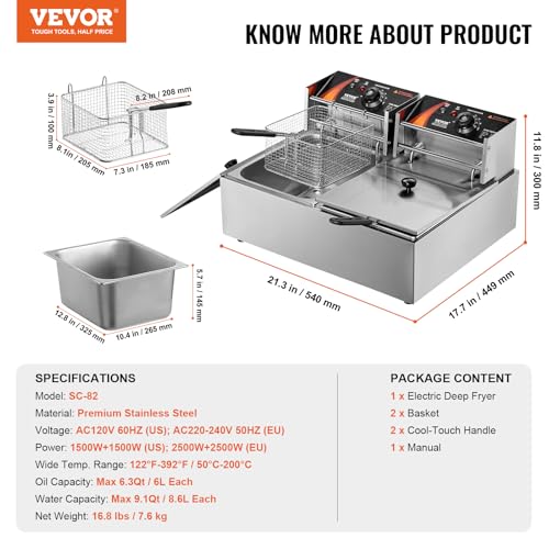 VEVOR Commercial Deep Fryer, Dual Tank 3000W Electric Countertop Fryer with Basket, 2 x 9.1Qt/8.6L Double Stainless Steel Oil Fryer, with Temp Control & Overheat Protection, for Kitchen Restaurant Use - size: Double Fryer, style: Deep Fryer