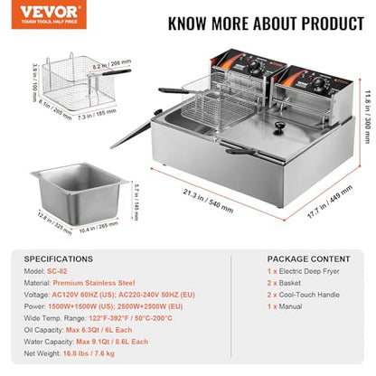 VEVOR Commercial Deep Fryer, Dual Tank 3000W Electric Countertop Fryer with Basket, 2 x 9.1Qt/8.6L Double Stainless Steel Oil Fryer, with Temp Control & Overheat Protection, for Kitchen Restaurant Use - size: Double Fryer, style: Deep Fryer