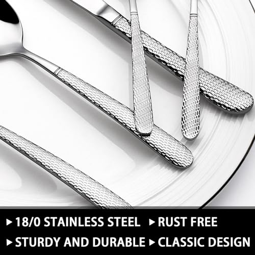 49-Piece Hammered Silverware Set with Organizer, Food-Grade Stainless Steel Flatware for 8, Cutlery Utensil Sets with Steak Knives, Rust-proof, Mirror Polished, Dishwasher Safe, Round Hammered - style: Round Hammered