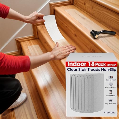 Clear Non Slip Stair Treads for Wooden Steps Indoor 24"x4" – 18-Pack Peel Stick Stair Treads – Self Adhesive Transparent Step Covers – Stair Grip Tape for Dogs, Kids – by STEPCORE - color: Clear - Indoor, size: 4" x 24" x 18 Pack