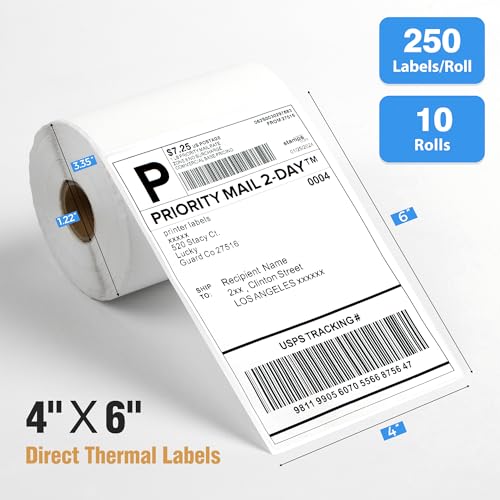 4" x 6" Direct Thermal Shipping Labels 2500 Thermal Label Stickers Commercial Grade 10 Rolls Perforated Shipping Label Compatible with Zebra, Rollo, Jadens, Nelko (10 Rolls - 2500 Labels) - style: 2500 Labels-10 Rolls