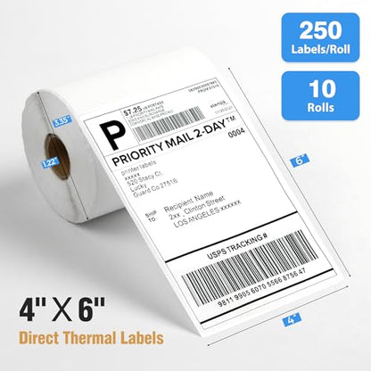 4" x 6" Direct Thermal Shipping Labels 2500 Thermal Label Stickers Commercial Grade 10 Rolls Perforated Shipping Label Compatible with Zebra, Rollo, Jadens, Nelko (10 Rolls - 2500 Labels) - style: 2500 Labels-10 Rolls