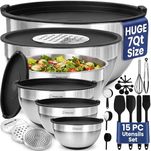 Priority Chef 6Pc Stainless Steel Mixing Bowls with Lids Set, Huge 7 Qrt Size Metal Bowl Set for Kitchen, 3 Graters, Non-Slip Bases & Silicone Utensils Set, Black - color: Black