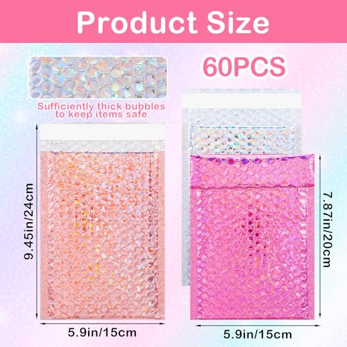 60 Pcs Small Bubble Mailers Cute Holographic Padded Envelopes, 6 x 9.5 Inch Self Seal Waterproof Shipping Bags for Jewelry Makeup Accessories Small Business (Silver Pink Rose Pink)