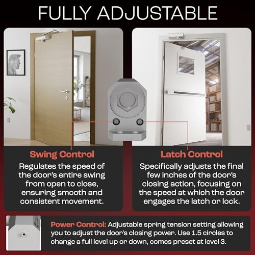 PrimeWare DC-600 Adjustable Automatic Door Closers for Home | Soft Close, No Slam | Residential and Commercial Door Closer | Level 1-6 | for Doors Weighing 30-300 lbs | Hydraulic Door Spring - Nickel - size: Level 1-6, style: Nickel