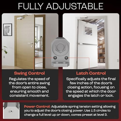 PrimeWare DC-600 Adjustable Automatic Door Closers for Home | Soft Close, No Slam | Residential and Commercial Door Closer | Level 1-6 | for Doors Weighing 30-300 lbs | Hydraulic Door Spring - Nickel - size: Level 1-6, style: Nickel