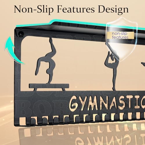 iBobbish Metal Medal Hanger Display,Non-Slip Trophy Shelf with 20 Hooks,Wall Mount,Heavy Duty,Non-Bent,Holds 22-33lbs,for Gymnastics,Race,Soccer,Swim - color: Black, style: NON-SLIP GYMNASTICS