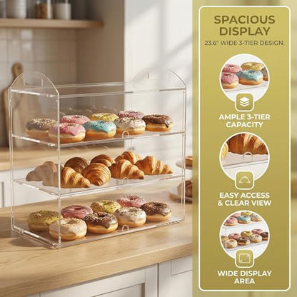 3 Tier Bakery Display Case with Handle, Countertop 23.6" L x11.8 W x19.7 H Commercial Pastry Display Case, Acrylic Clear Food Display Box for Dessert Donut Bagels Cake Cookie - size: 3 TIERS