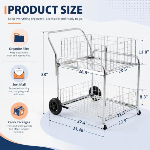 BreezeHug Mail Cart with Wheels for Office, 2 Shelf Basket Wire Cart