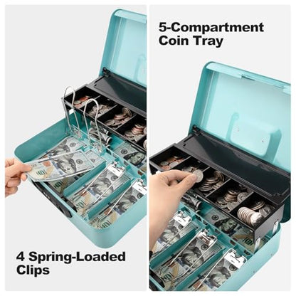 Cash Box with Snap Latch Combination Lock and Sliding Coin Lid, Secure Cash Box with Money Tray and Lock, Durable Safe Money Box for Home and Office,Teal,11.8"L x 9.5"W x 3.5"H - color: Robin's Egg