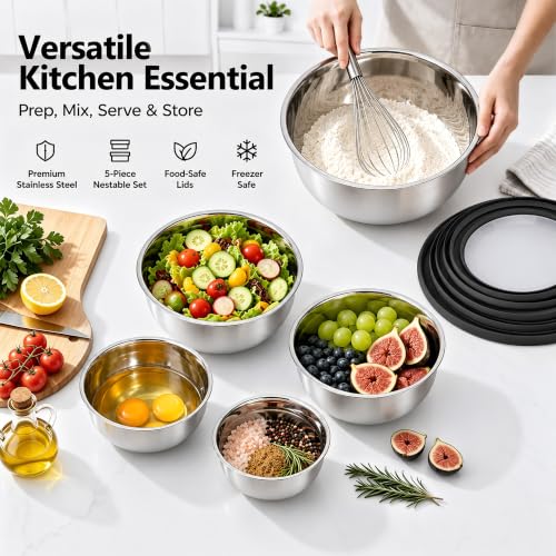 E-far Mixing Bowls with Lids Set of 5, Stainless Steel Nesting Salad Bowls - color: Black