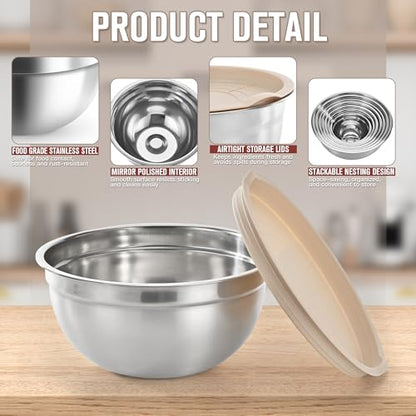 Stainless Steel Mixing Bowls with Lids, 7-Piece Nesting Bowl Set, 0.6–5.5 QT, Includes 14 Measuring Spoons for Baking, Cooking and Meal Prep, Khaki - size: 7+14 - Bowls & Spoons