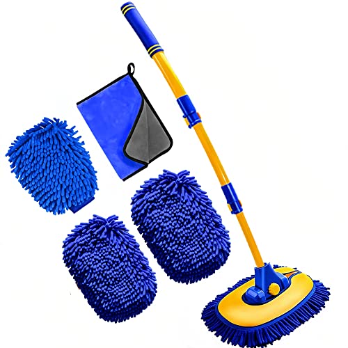 MVEQRRN 15°Curved Chenille Car Wash Brush Mop with Long Handle(Blue) - color: Blue-003